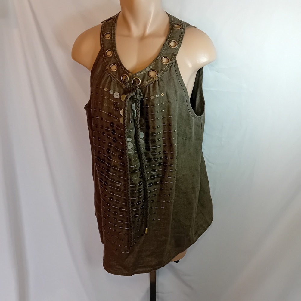 Signal Linen Sequin Studded Grommet Sleeveless Top Olive Green Bohemian Work XL - Picture 3 of 16